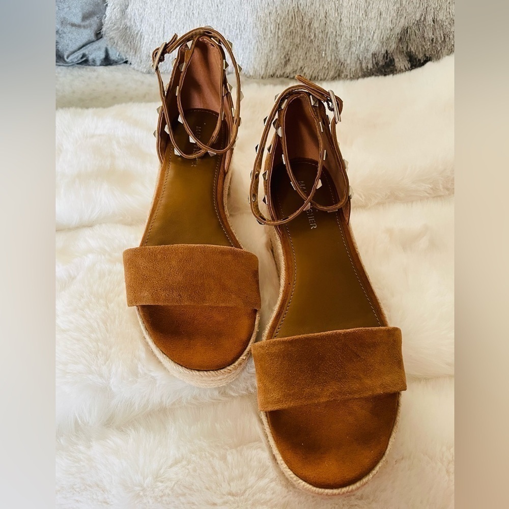 MARC FISHER BROWN SUEDE SANDALS WITH SILVER STUD WRAP AROUND ANKLE SIZE 8.5